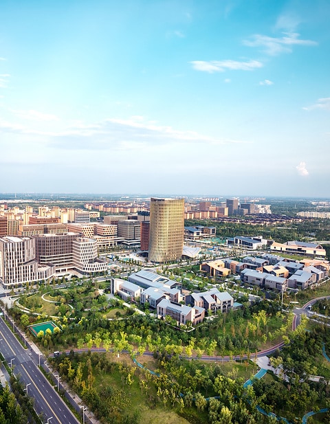 Drone photo of the sunset view of Xiong A new district, a brand new planned city area located in the Baoding city near Beijing, in He Bei Province, China
